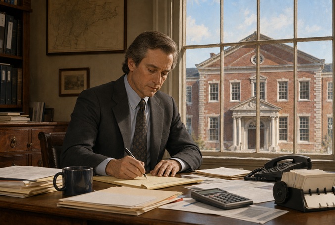 OneLot NYC founder writing at a paper-covered desk, federalist building facade visible through the window behind him